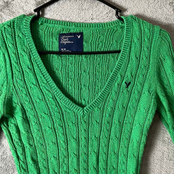 Vintage American Eagle Y2K Cable Knit V-Neck Sweater Kelly Green Size Medium - Picture 7 of 7